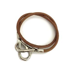 HERMES Jumbo Double Wrap Bangle Bracelet Leather Silver Brown Tone